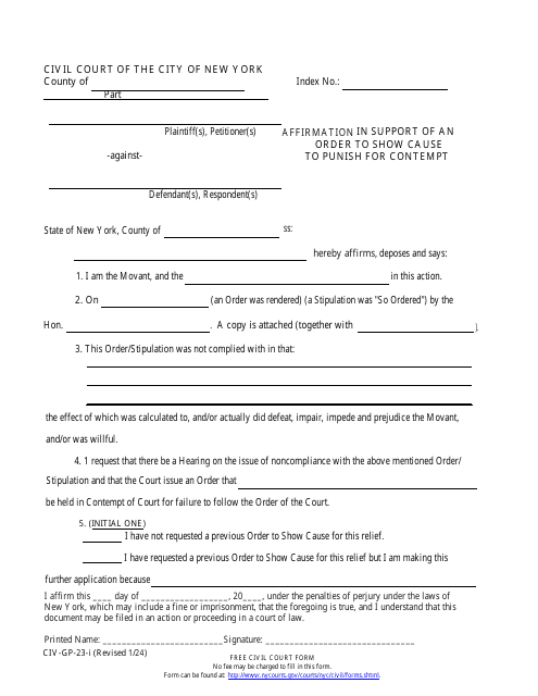 Form CIV-GP-23-I Affirmation in Support of an Order to Show Cause to Punish for Contempt - New York City