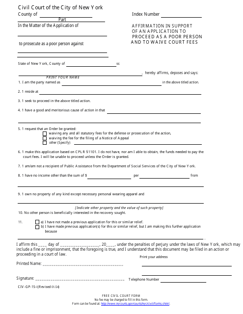 Form CIV-GP-15 Affirmation in Support of an Application to Proceed as a Poor Person and to Waive Court Fees - New York City