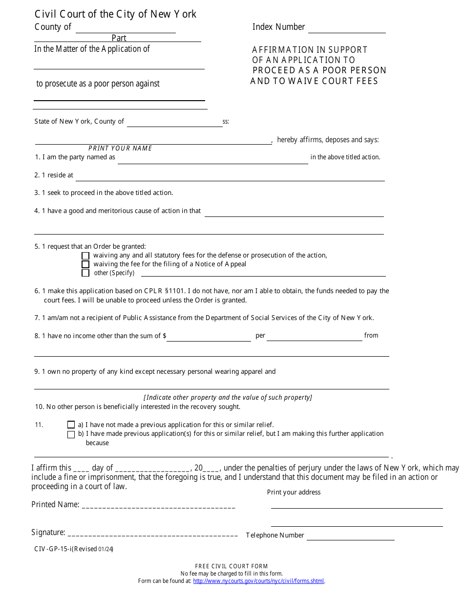 Form CIV-GP-15 Affirmation in Support of an Application to Proceed as a Poor Person and to Waive Court Fees - New York City, Page 1