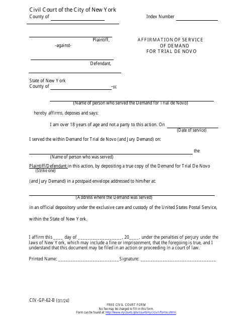 Form CIV-GP-62-B Affirmation of Service of Demand for Trial De Novo - New York City