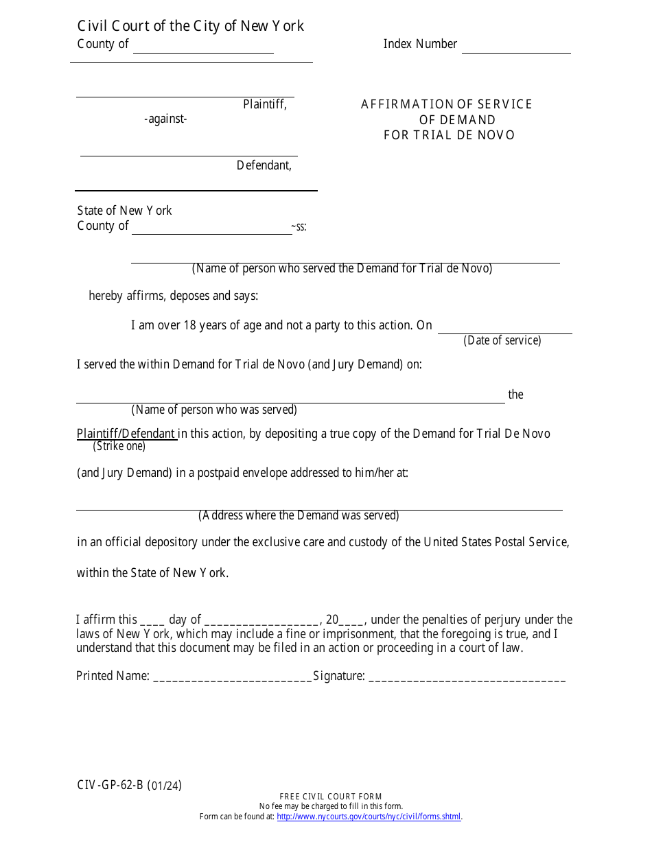 Form CIV-GP-62-B Affirmation of Service of Demand for Trial De Novo - New York City, Page 1