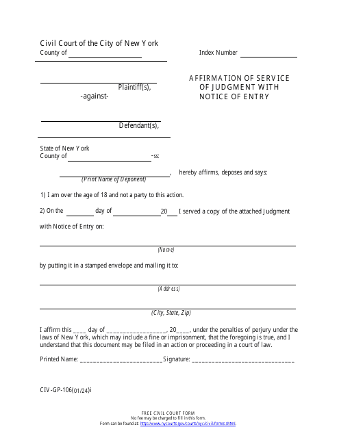 Form CIV-GP-106 Affirmation of Service of Judgment With Notice of Entry - New York City
