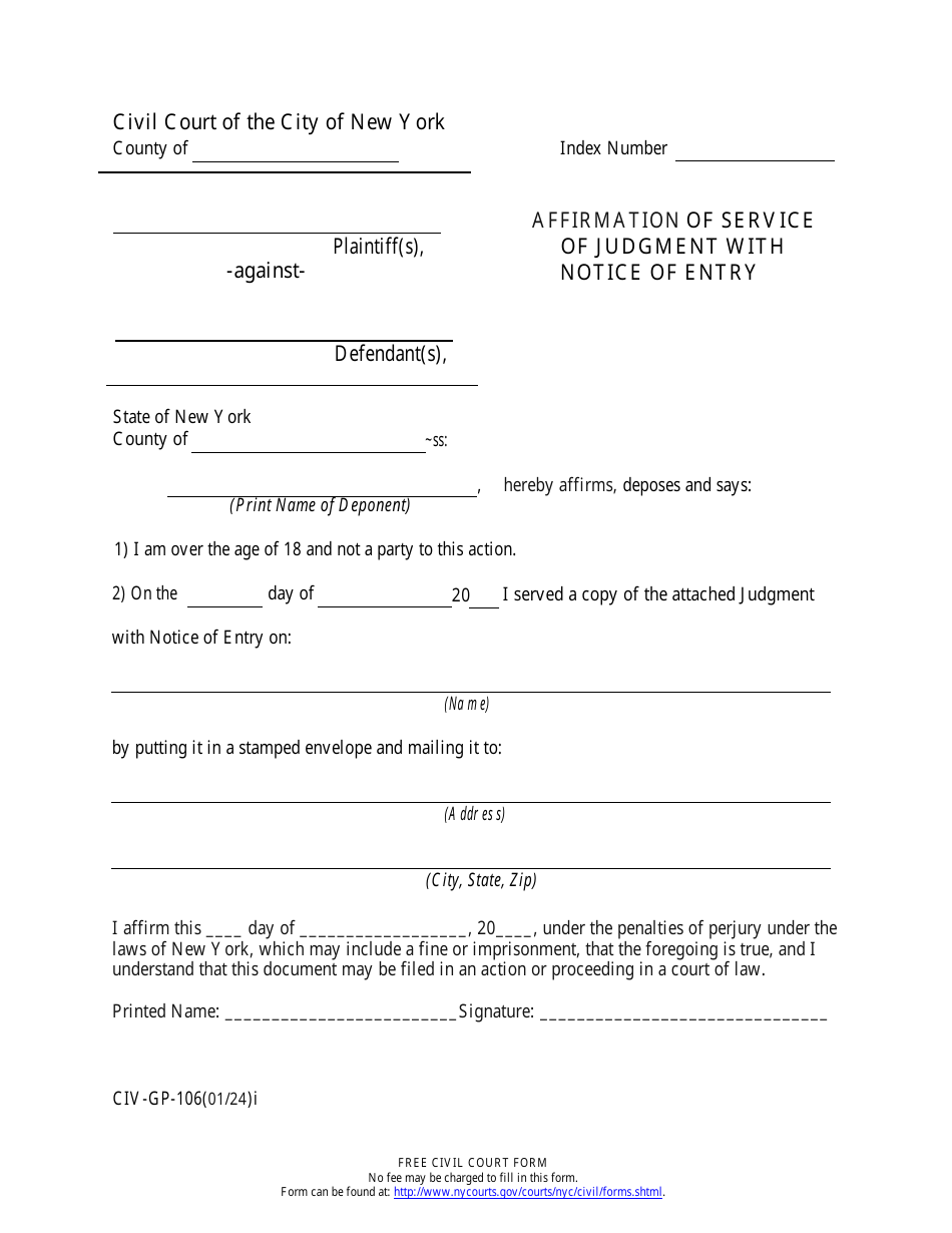 Form CIV-GP-106 Affirmation of Service of Judgment With Notice of Entry - New York City, Page 1