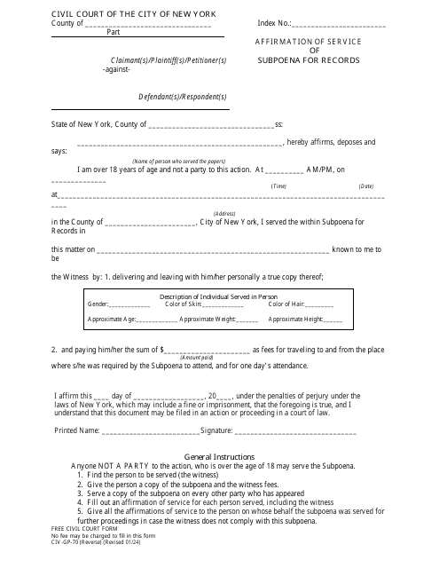 Form CIV-GP-70 Affirmation of Service of Subpoena for Records - New York City