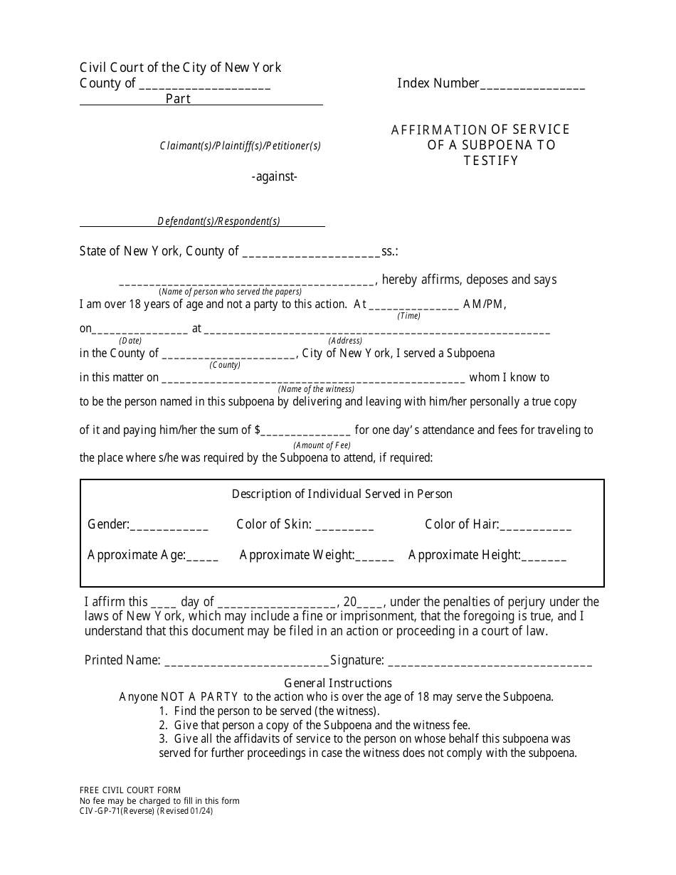 Form CIV-GP-71 Affirmation of Service of a Subpoena to Testify - New York City, Page 1