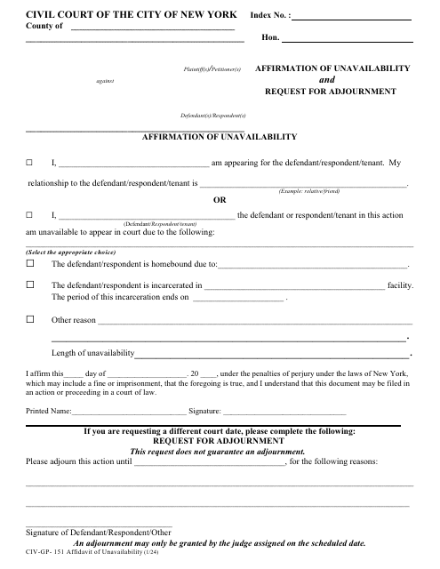 Form CIV-GP-151 Affirmation of Unavailability and Request for Adjournment - New York City