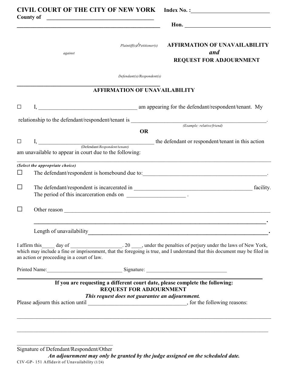 Form CIV-GP-151 Affirmation of Unavailability and Request for Adjournment - New York City, Page 1