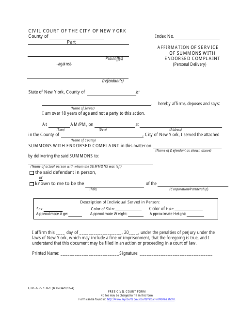 Form CIV-GP-18-1 Affirmation of Service of Summons With Endorsed Complaint (Personal Delivery) - New York City