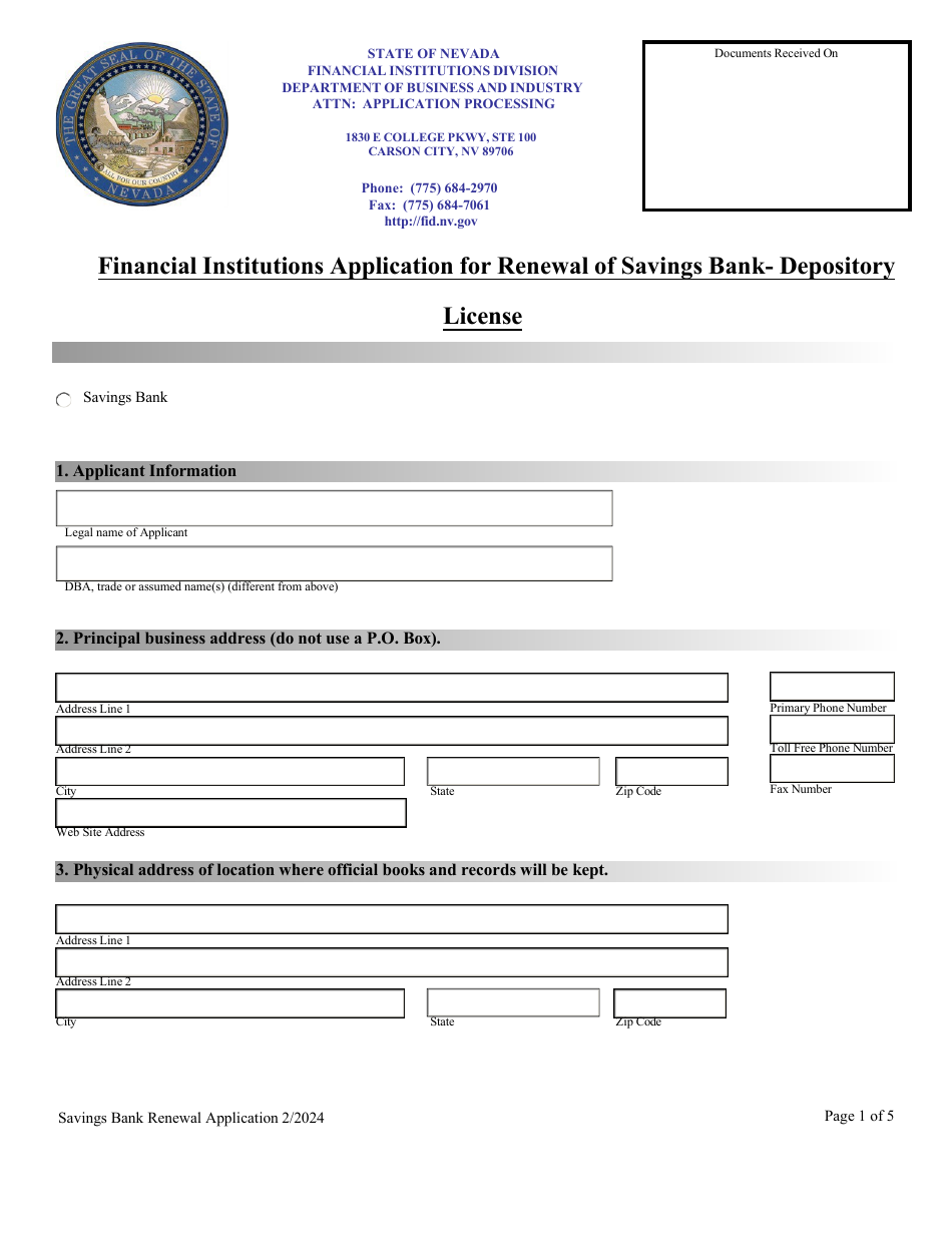 Financial Institutions Application for Renewal of Savings Bank - Depository License - Nevada, Page 1