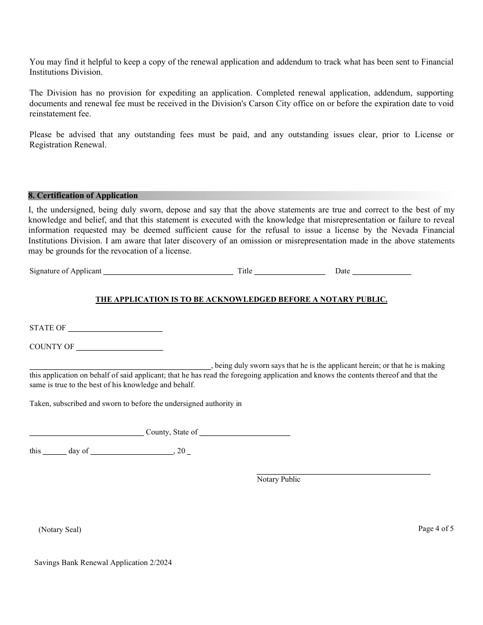 Financial Institutions Application for Renewal of Savings Bank - Depository License - Nevada, Page 4