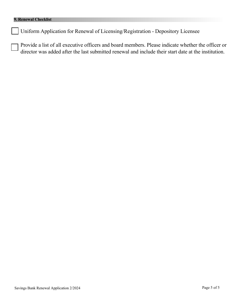Financial Institutions Application for Renewal of Savings Bank - Depository License - Nevada, Page 5