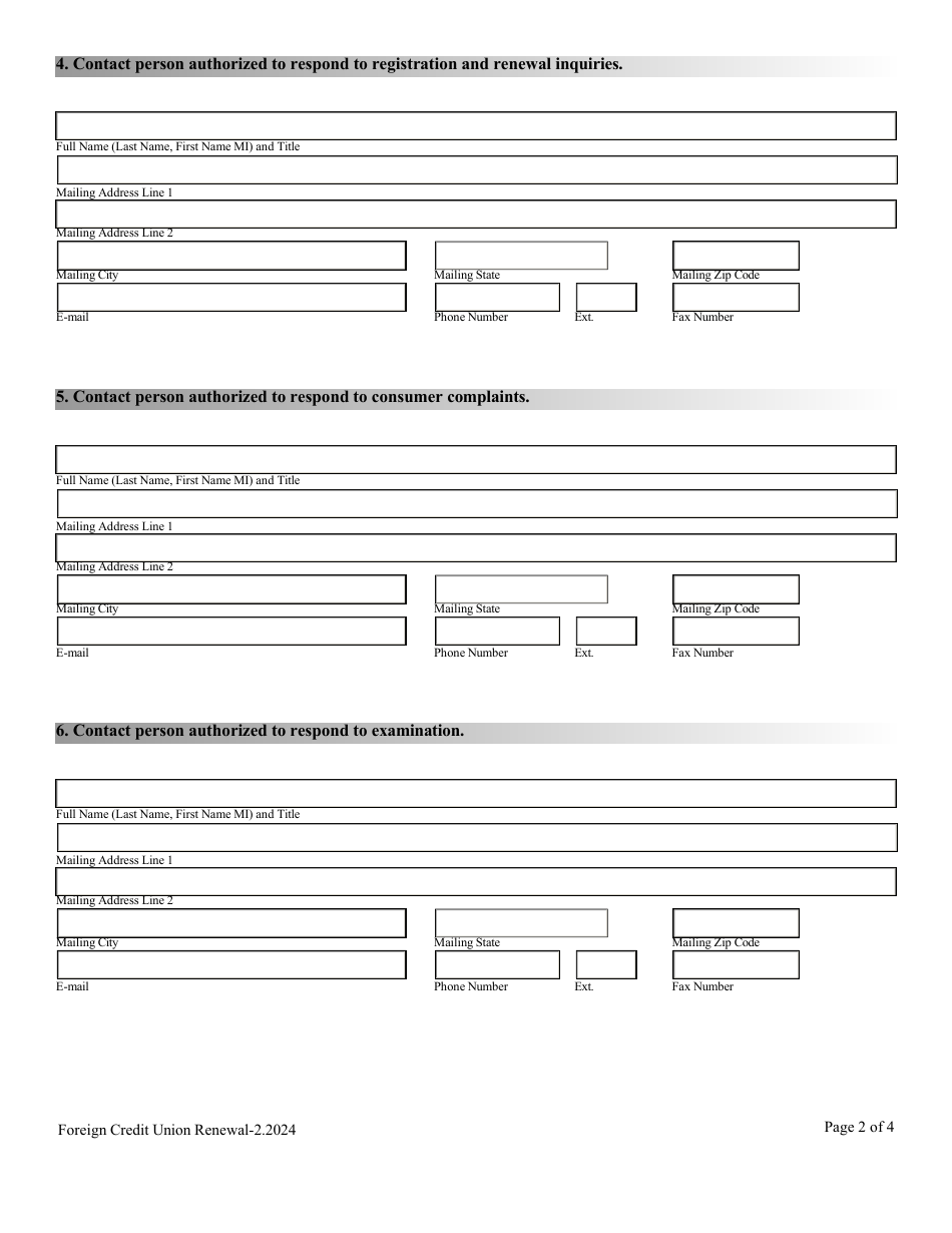 Financial Institutions Application for Renewal of Licensing / Registration - Foreign Credit Union - Nevada, Page 2