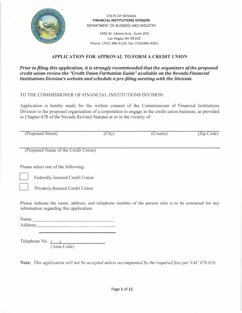 Application for Approval to Form a Credit Union - Nevada