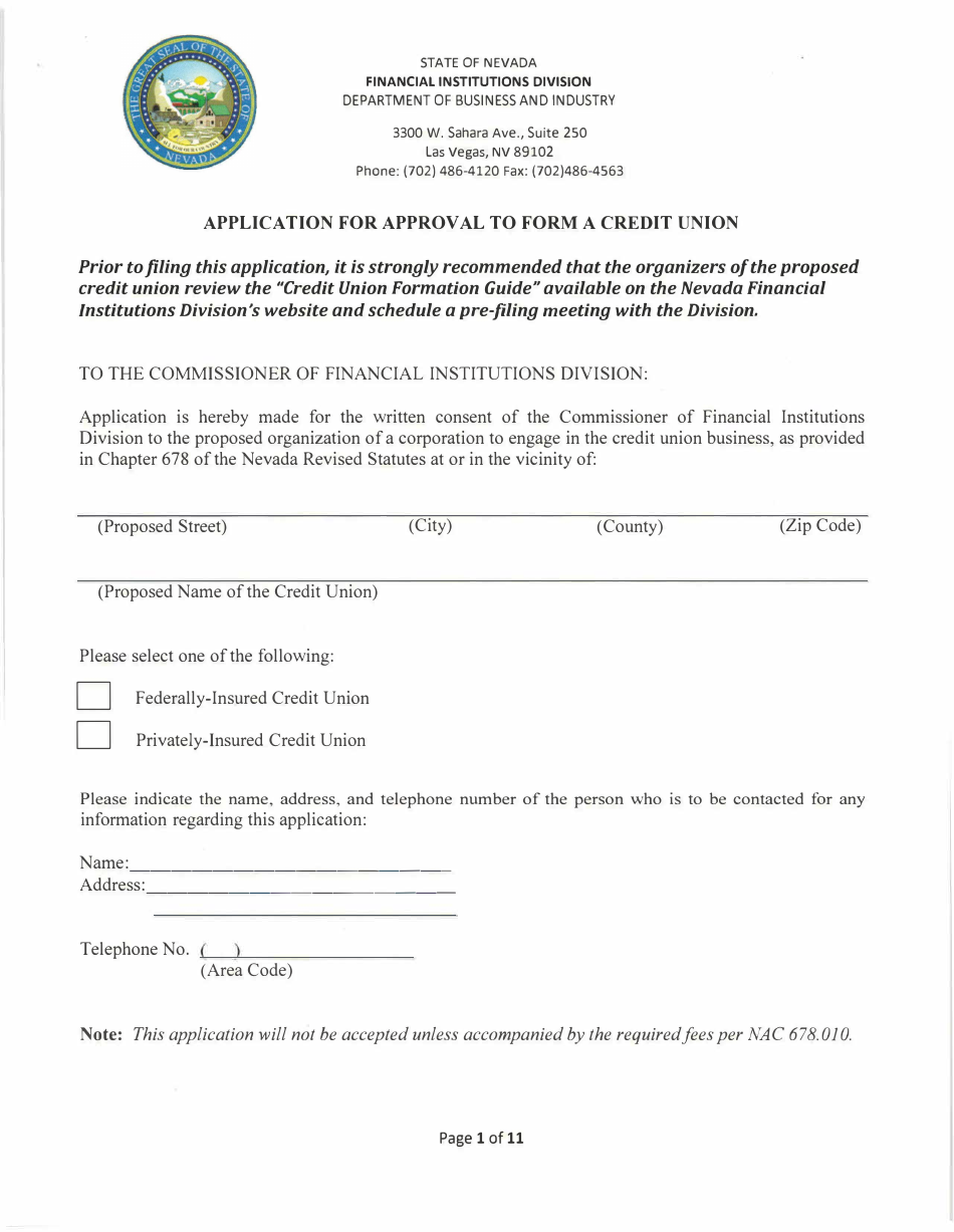 Application for Approval to Form a Credit Union - Nevada, Page 1