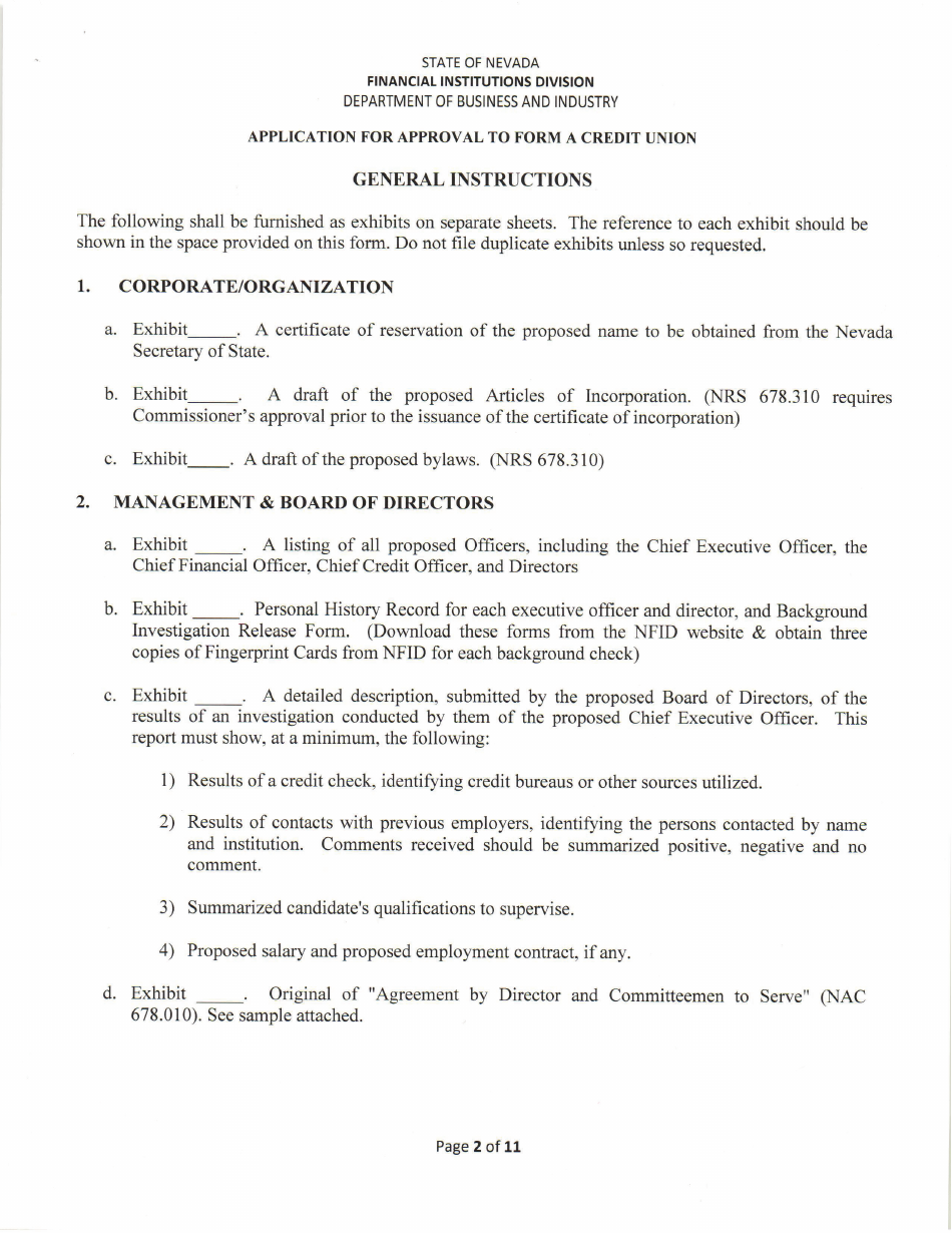 Application for Approval to Form a Credit Union - Nevada, Page 2