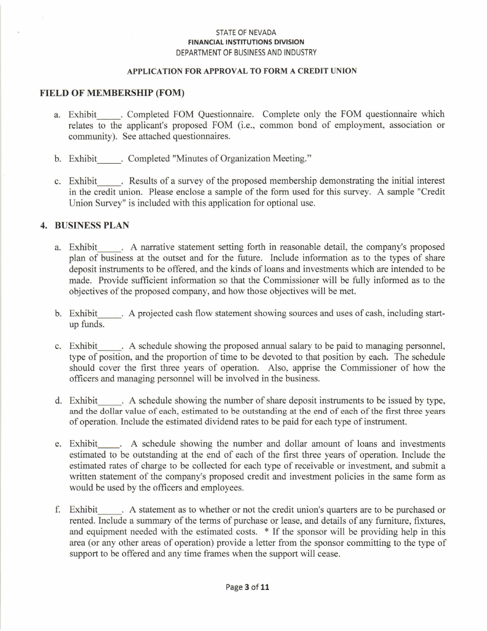 Application for Approval to Form a Credit Union - Nevada, Page 3