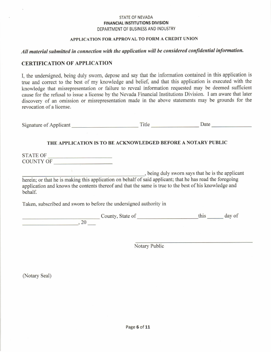 Application for Approval to Form a Credit Union - Nevada, Page 6