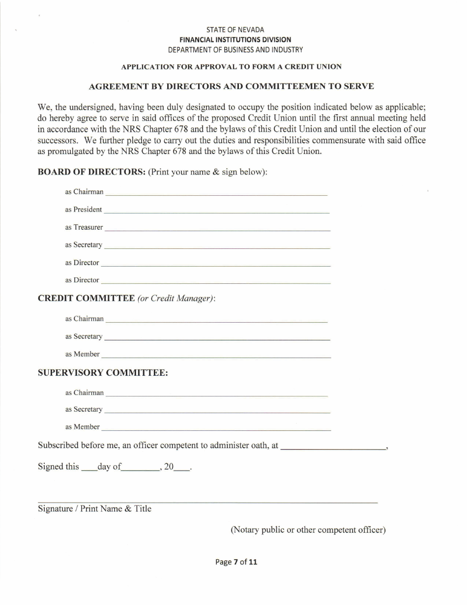 Application for Approval to Form a Credit Union - Nevada, Page 7