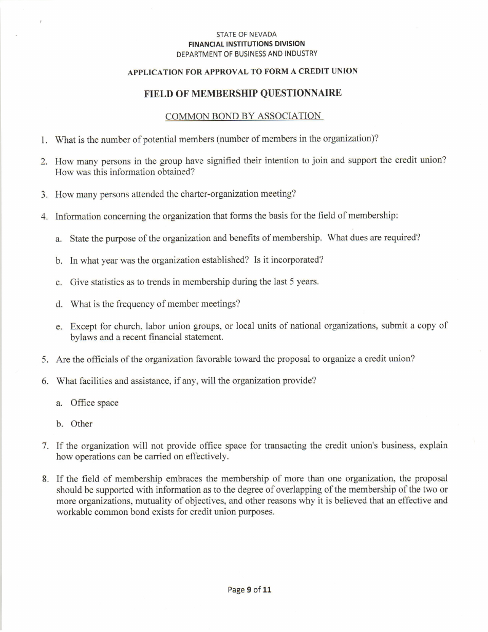 Application for Approval to Form a Credit Union - Nevada, Page 9