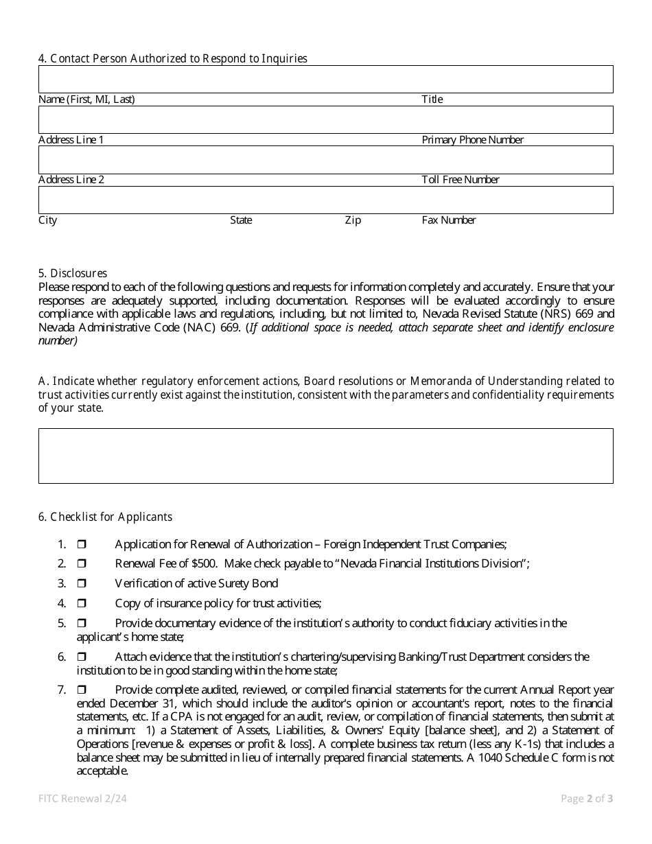Application for Renewal of Authorization Foreign Independent Trust Company - Nrs / Nac 669 - Nevada, Page 2