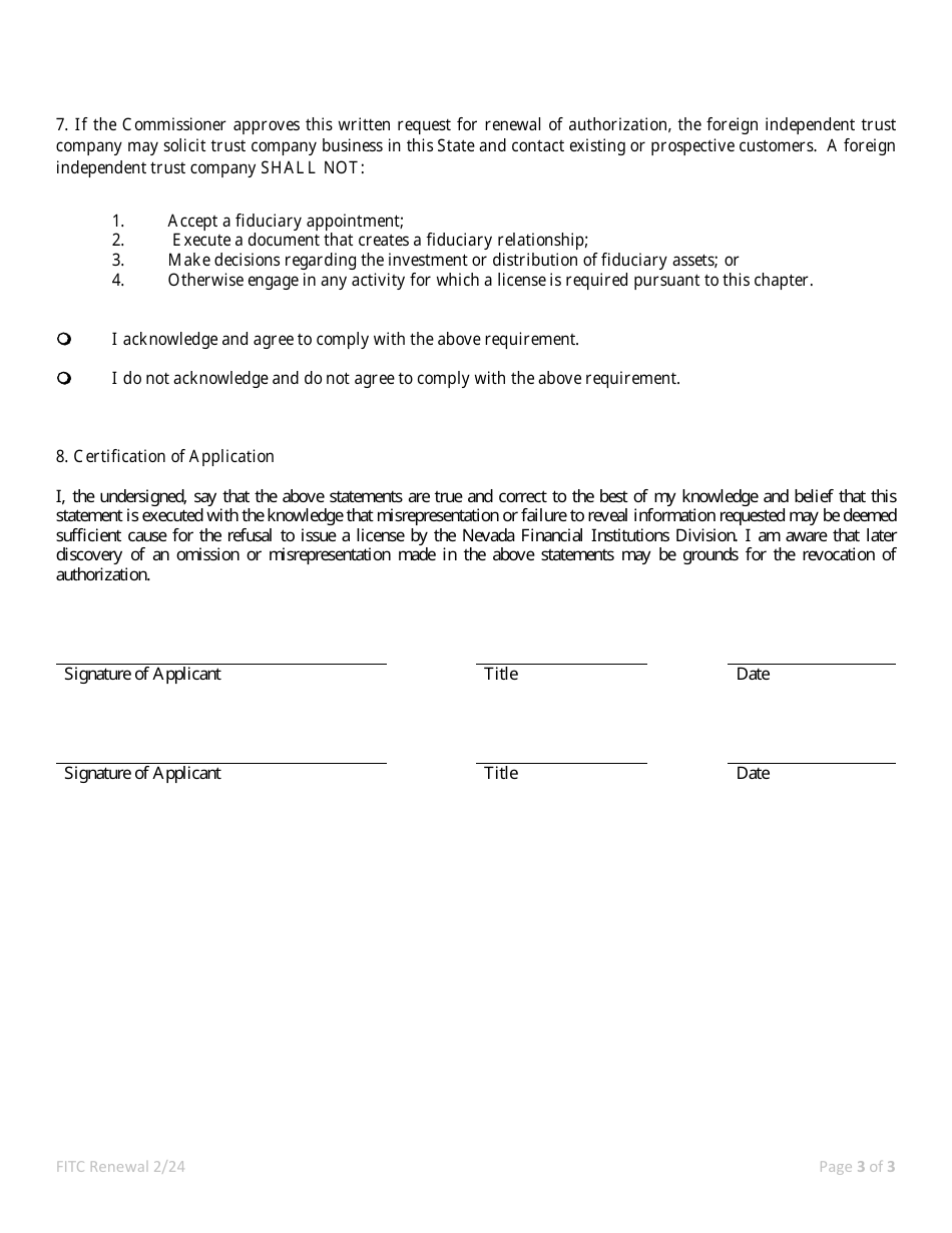 Application for Renewal of Authorization Foreign Independent Trust Company - Nrs / Nac 669 - Nevada, Page 3