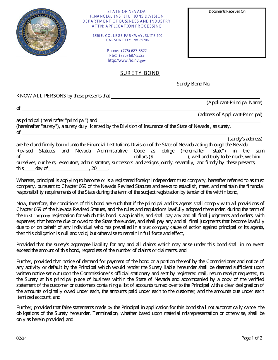Nevada Surety Bond Foreign Independent Trust Company Fill Out, Sign