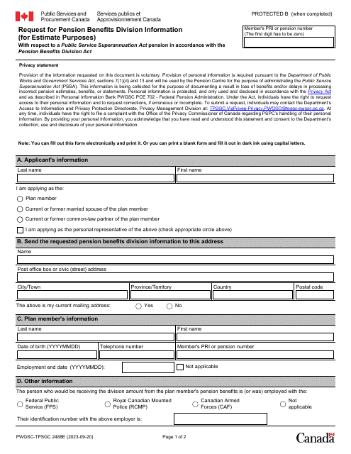 Form PWGSC-TPSGC2488 Request for Pension Benefits Division Information (For Estimate Purposes) With Respect to a Public Service Superannuation Act Pension in Accordance With the Pension Benefits Division Act - Canada