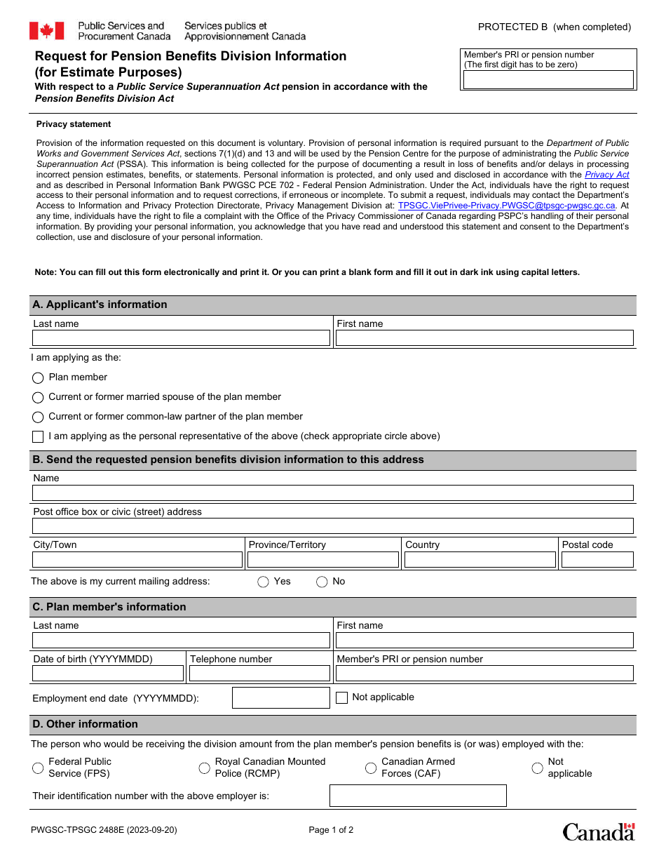 Form PWGSC-TPSGC2488 Request for Pension Benefits Division Information (For Estimate Purposes) With Respect to a Public Service Superannuation Act Pension in Accordance With the Pension Benefits Division Act - Canada, Page 1