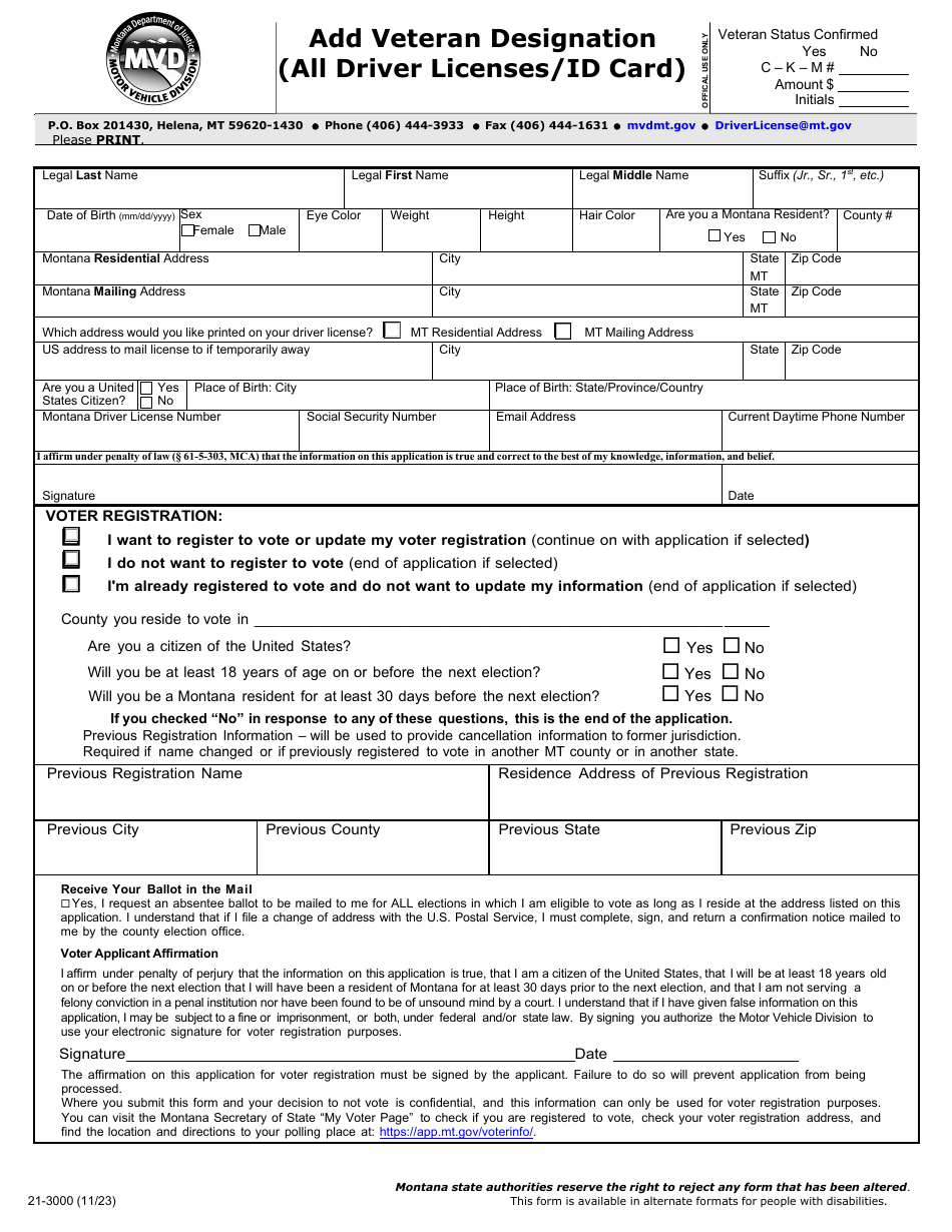 Form 21-3000 Add Veteran Designation (All Driver Licenses / Id Card) - Montana, Page 2