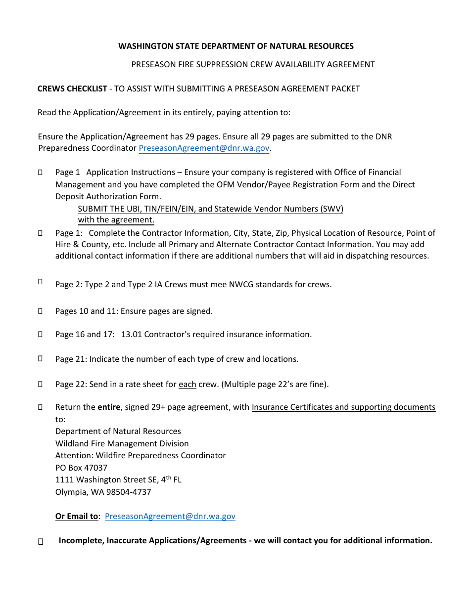 Preseason Fire Suppression Crew Availability Agreement - Crews Checklist - Washington, Page 1