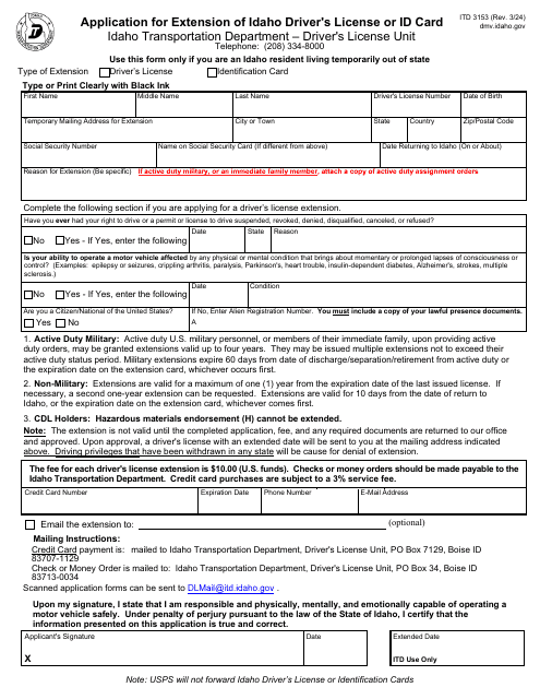 Form ITD3153 Application for Extension of Idaho Driver's License or Id Card - Idaho