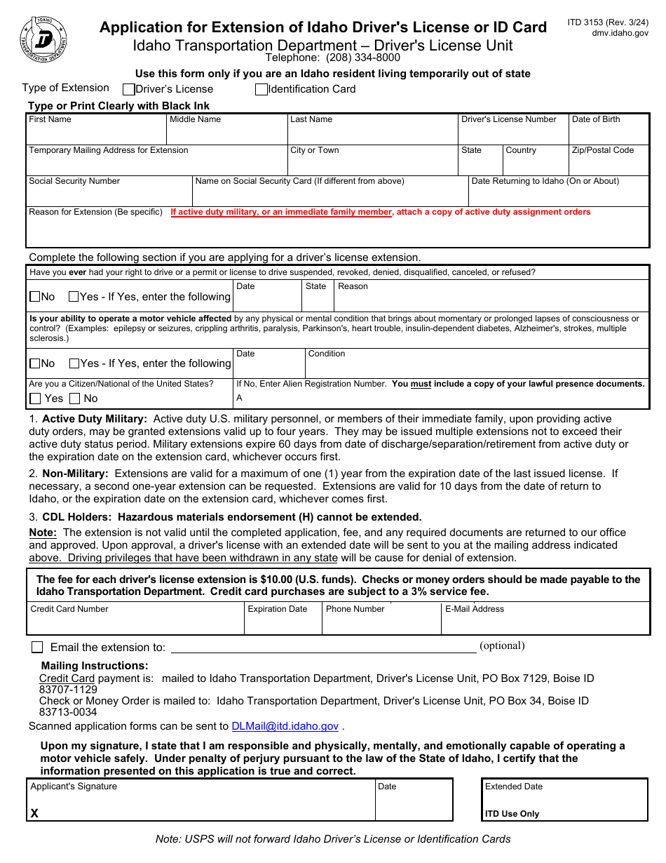 Form ITD3153 Application for Extension of Idaho Drivers License or Id Card - Idaho, Page 1