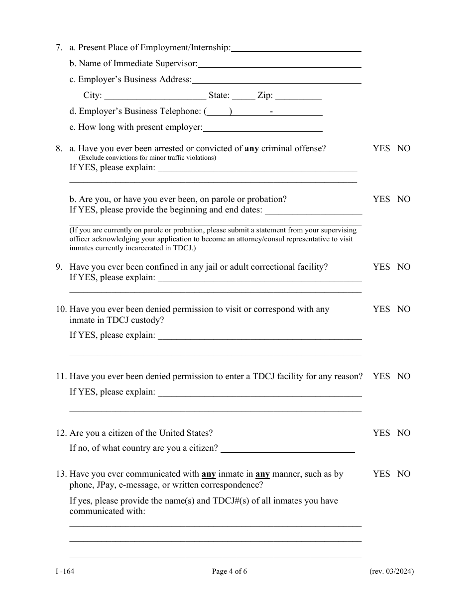 Form I-164 Application to Visit Tdcj Inmate as Attorney / Consul Representative - Texas, Page 4