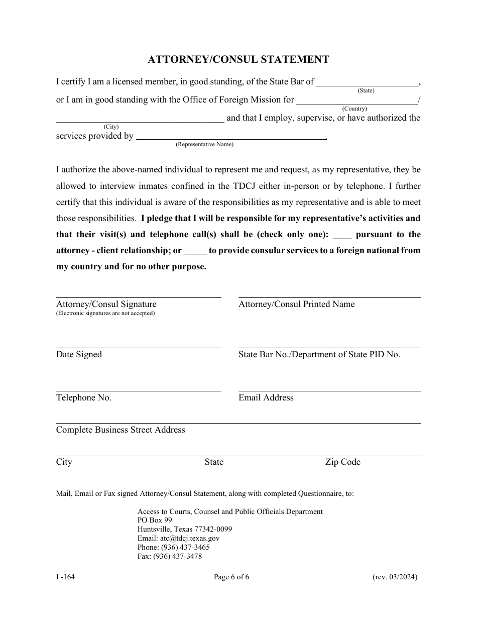 Form I-164 Application to Visit Tdcj Inmate as Attorney / Consul Representative - Texas, Page 6