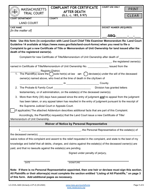Form LC-CIVIL-SAD Complaint for Certificate After Death - Massachusetts