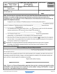 Form LC-CIVIL-SAD Complaint for Certificate After Death - Massachusetts