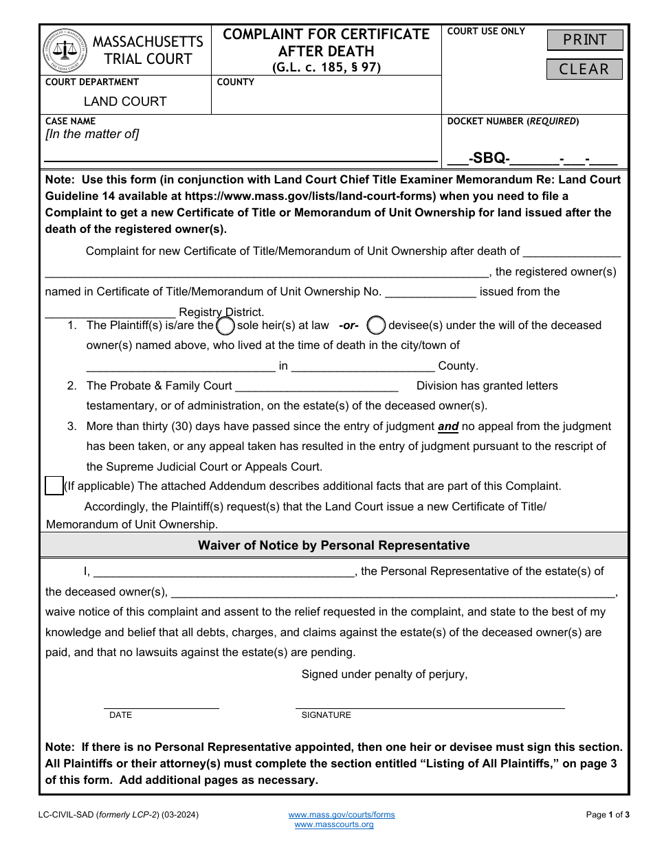 Form LC-CIVIL-SAD Complaint for Certificate After Death - Massachusetts, Page 1