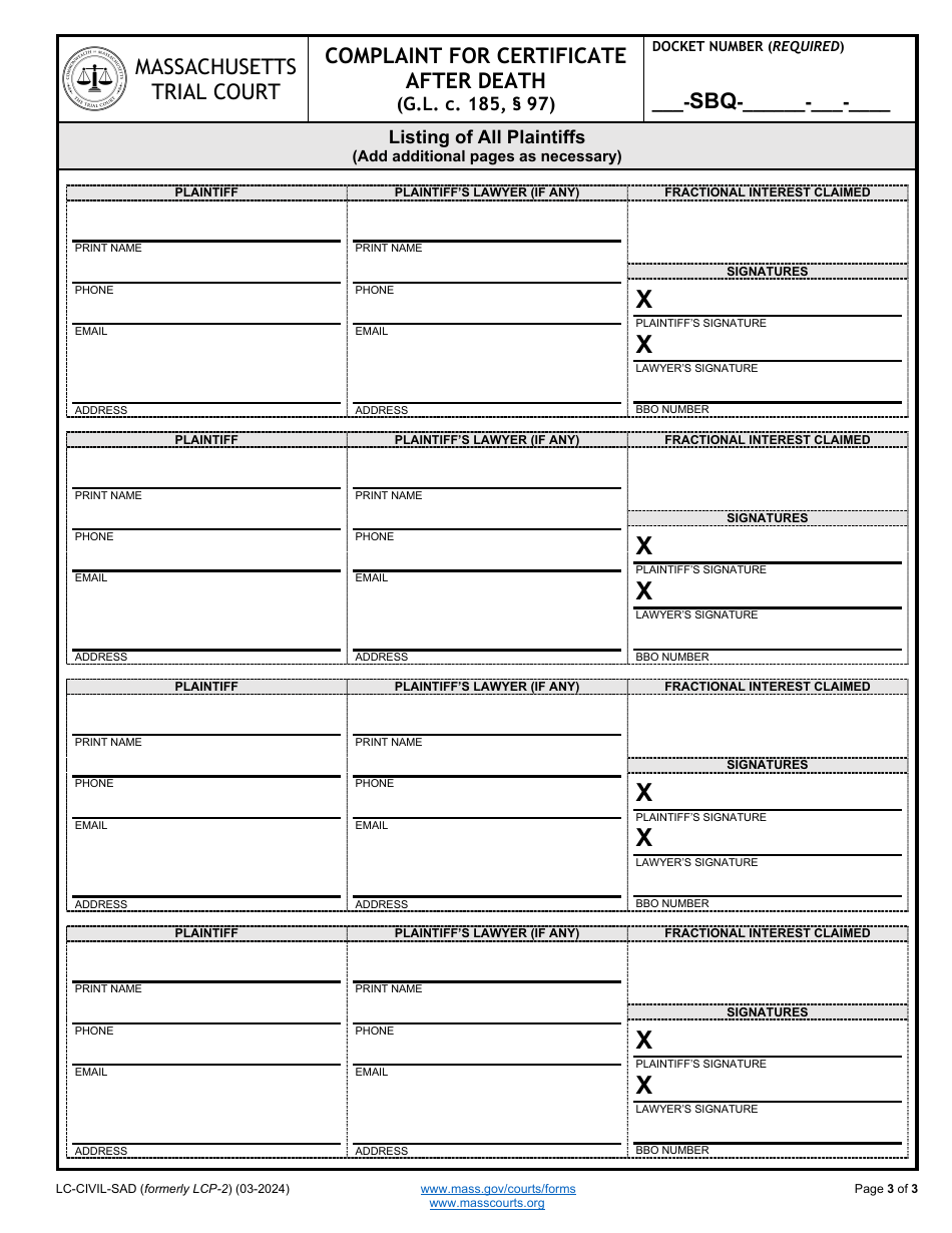 Form LC-CIVIL-SAD Complaint for Certificate After Death - Massachusetts, Page 3