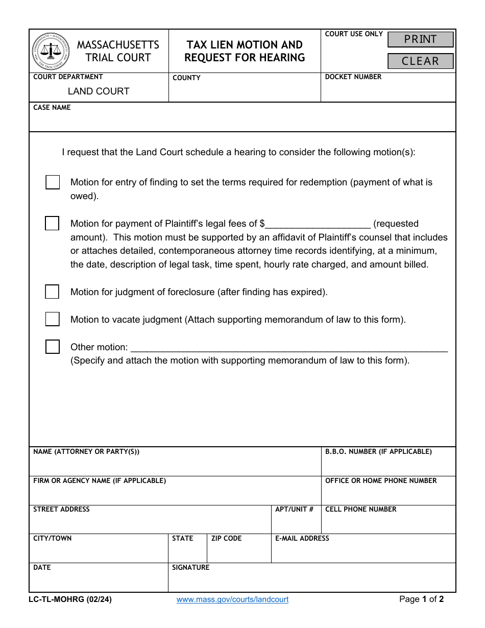 Form LC-TL-MOHRG Tax Lien Motion and Request for Hearing - Massachusetts, Page 1