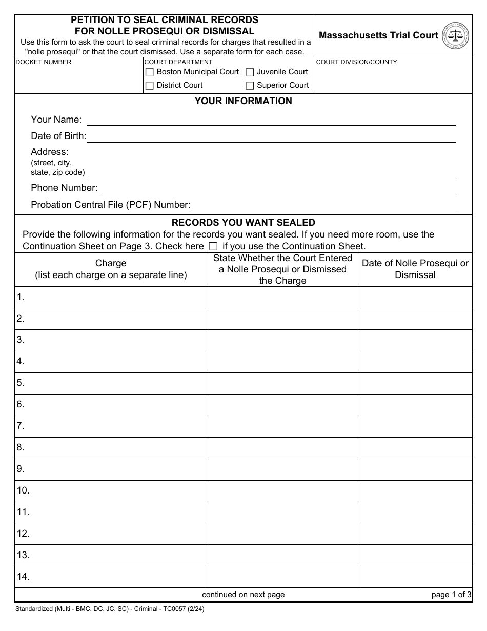 Form TC0057 Petition to Seal Criminal Records for Nolle Prosequi or Dismissal - Massachusetts, Page 1