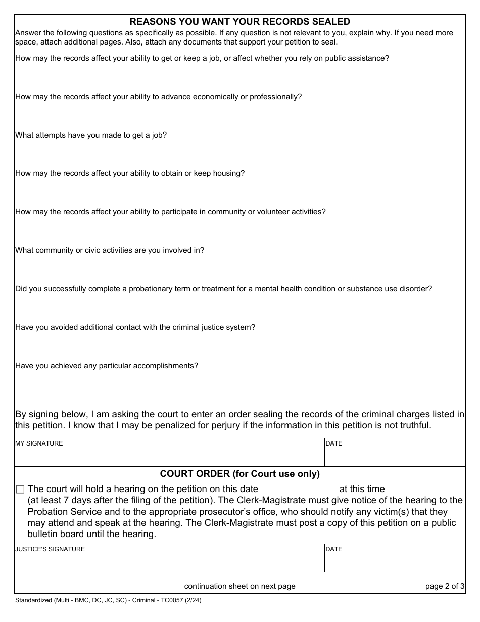 Form TC0057 Petition to Seal Criminal Records for Nolle Prosequi or Dismissal - Massachusetts, Page 2