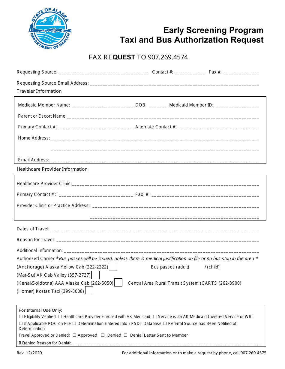 Taxi and Bus Authorization Request - Early Screening Program - Alaska, Page 1