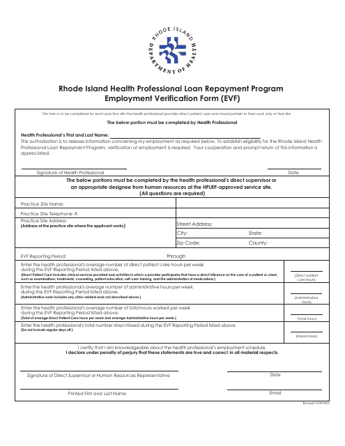 Employment Verification Form (Evf) - Rhode Island Health Professional Loan Repayment Program - Rhode Island