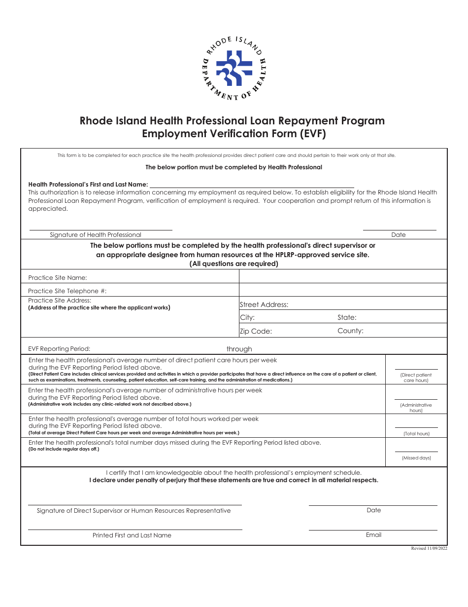 Employment Verification Form (Evf) - Rhode Island Health Professional Loan Repayment Program - Rhode Island, Page 1