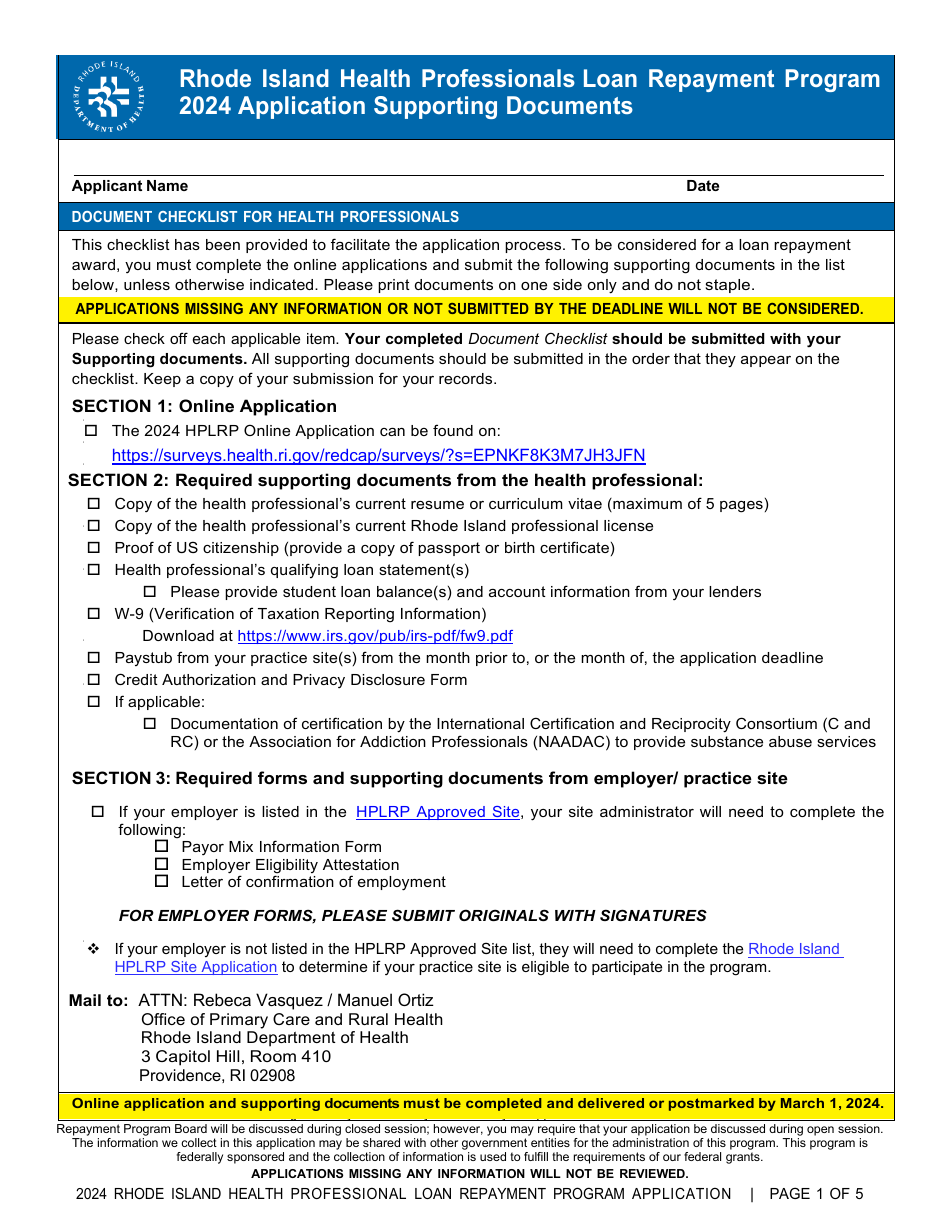 Rhode Island Health Professionals Loan Repayment Program Application - Rhode Island, Page 1