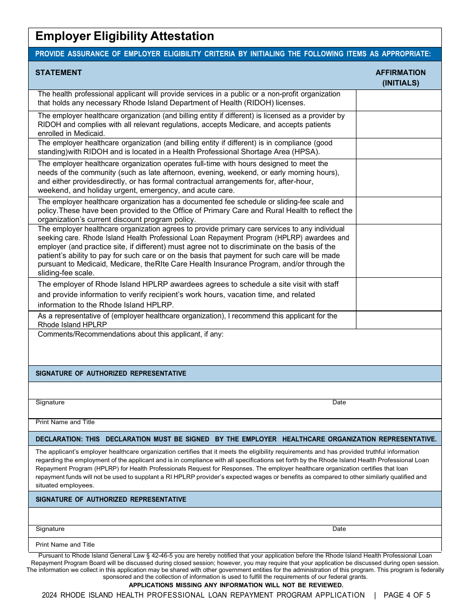Rhode Island Health Professionals Loan Repayment Program Application - Rhode Island, Page 4