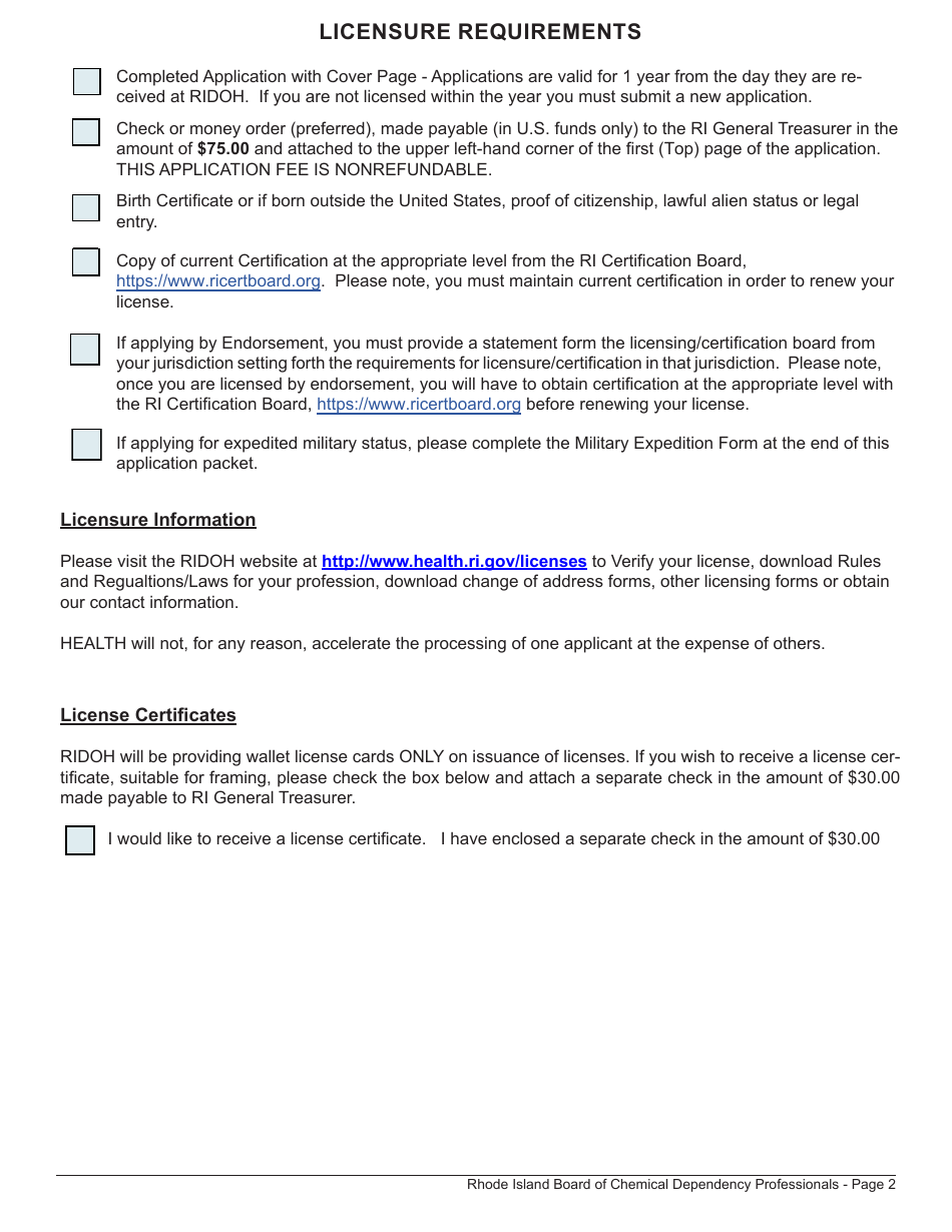 License Application for Chemical Dependency Professional / Chemical Dependency Clinical Supervisor - Rhode Island, Page 2