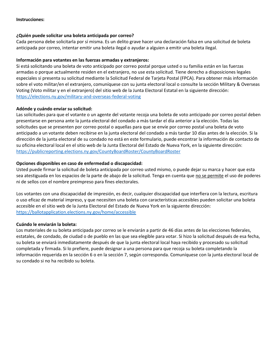 Solicitud De Boleta Anticipada Por Correo Del Estado De Nueva York - New York (Spanish), Page 2