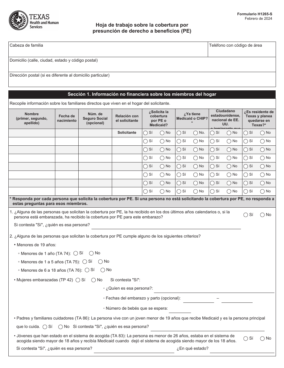 Formulario H1265-S Hoja De Trabajo Sobre La Cobertura Por Presuncion De Derecho a Beneficios (Pe) - Texas (Spanish), Page 1