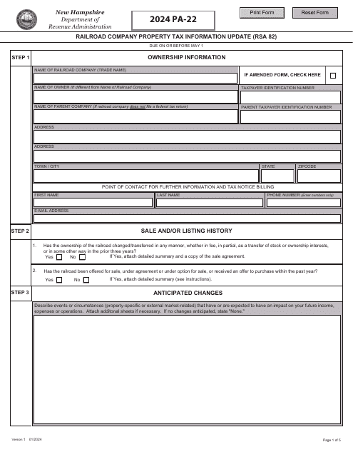 Form PA-22 Railroad Company Property Tax Information Update (Rsa 82) - New Hampshire, 2024